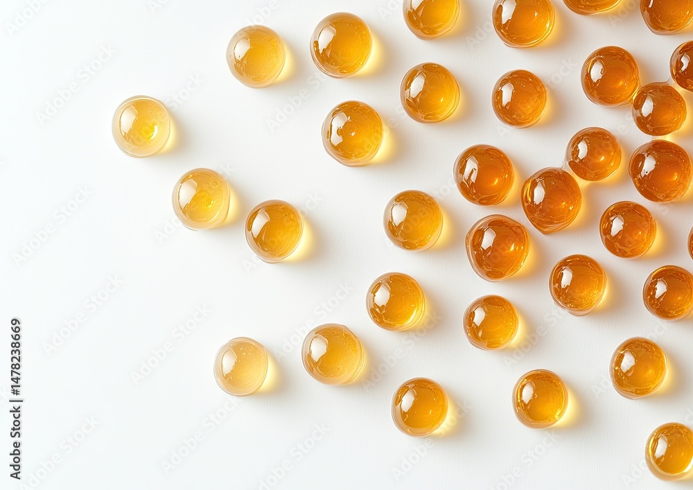 Fototapeta premium Golden translucent spheres scattered on white background
