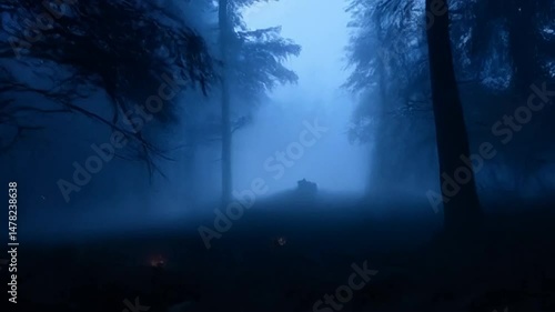 Fire Burning in Foggy Dark Forest at Night with Spooky Tree Silhouettes