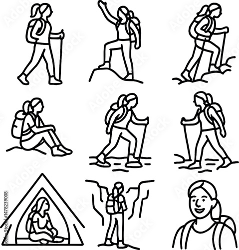 Female hiker silhouettes icons set – simple hiking and backpacking symbol collection