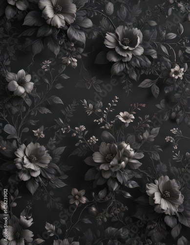 Dark charcoal floral wallpaper  Delicate blossoms & vines create elegant, seamless pattern , flower, texture