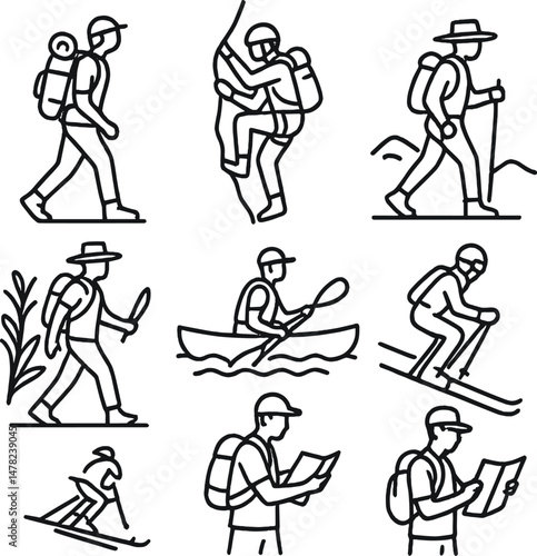 Adventure explorer icons set – silhouette hiking, climbing, outdoor activity visuals