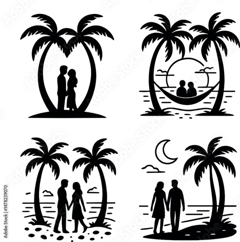 Romantic beach theme icons set – silhouette, tropical getaway and palm tree symbols