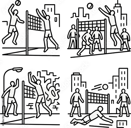 Urban volleyball icons set – silhouette, city sports and athletic symbols