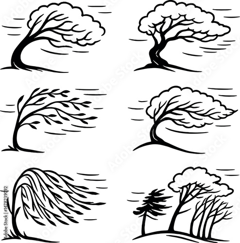 Windy tree silhouettes icons set – silhouette, nature and simple design elements