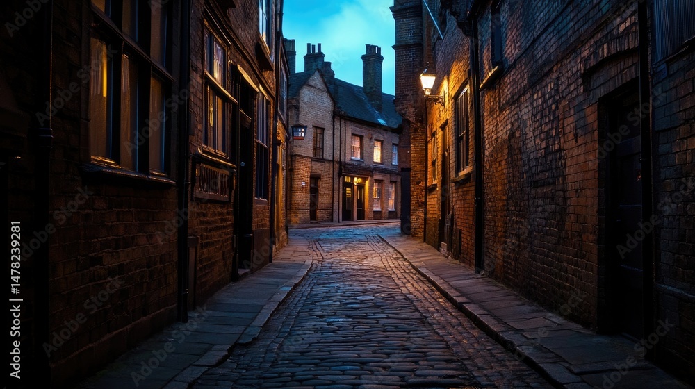 Atmospheric Image Of A Cobbled Alleyway At Night, Illuminated By Streetlights And Building Windows. Moody, Textural, And Nostalgic. Atmospheric Image Of A Cobbled Alleyway At Night, Illuminated By Streetlights And Building Windows. Moody, Textural, And Nostalgic.