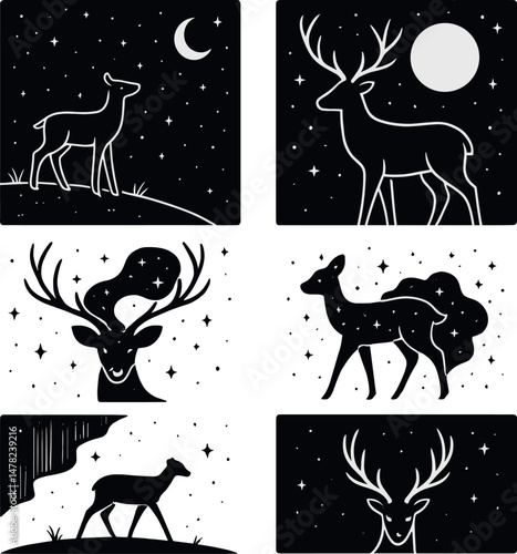 Wildlife and nature icons set – silhouette, deer and starry night symbols