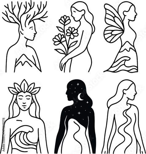 Nature infused woman icons set – silhouette, feminine and organic design symbols