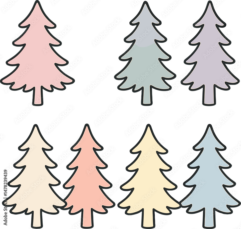 Pastel fir trees icons set – silhouette, simple and minimalist pine designs Pastel fir trees icons set – silhouette, simple and minimalist pine designs