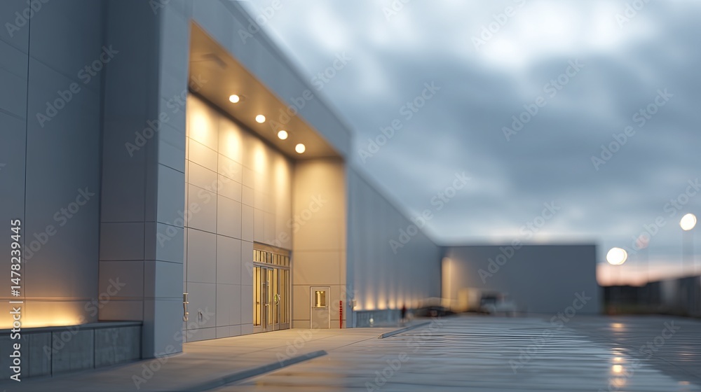 Modern industrial facility exterior showcasing clean architectural lines and soft ambient lighting Modern industrial facility exterior showcasing clean architectural lines and soft ambient lighting