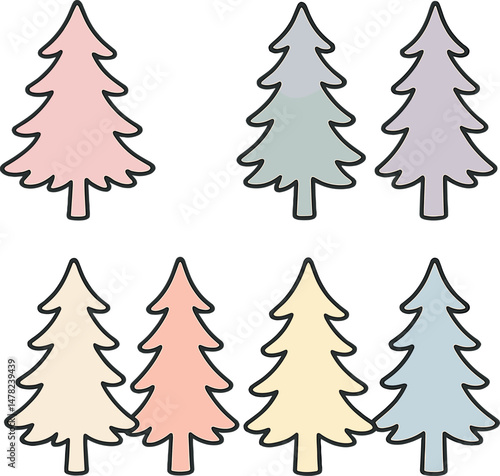 Pastel fir trees icons set – silhouette, simple and minimalist pine designs