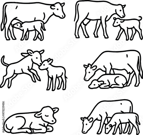 Farm animals silhouettes icons set – outline, bovine and livestock symbol collection