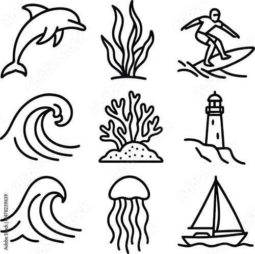 Ocean silhouette icons set – simple, marine and nautical themed graphic symbols