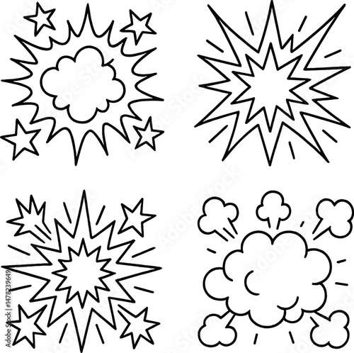 Comic explosion icons set – simple, linear, cartoon and bang visuals