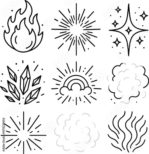 Fantasy magic explosions icons set – outline, mystical and enchanting symbols