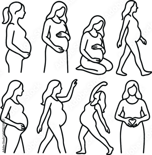 Pregnancy silhouette icons set – simple, expectant mother and maternity symbols