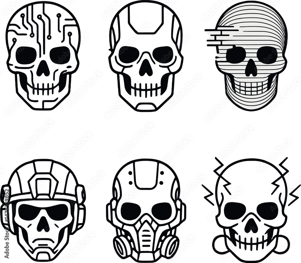 Futuristic cyber skulls icons set – outline, tech-themed and robotic symbols Futuristic cyber skulls icons set – outline, tech-themed and robotic symbols