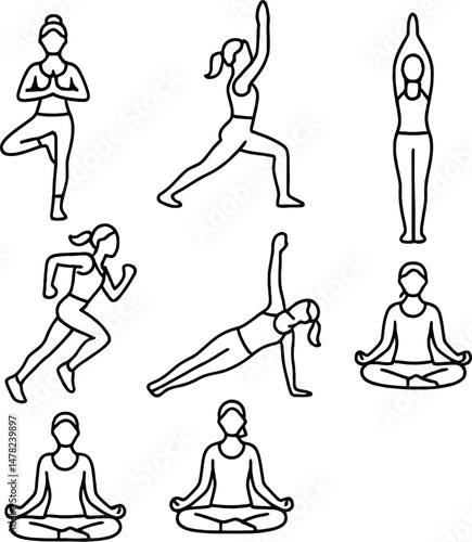Yoga and fitness icons set – silhouette designs, exercise and wellness graphics