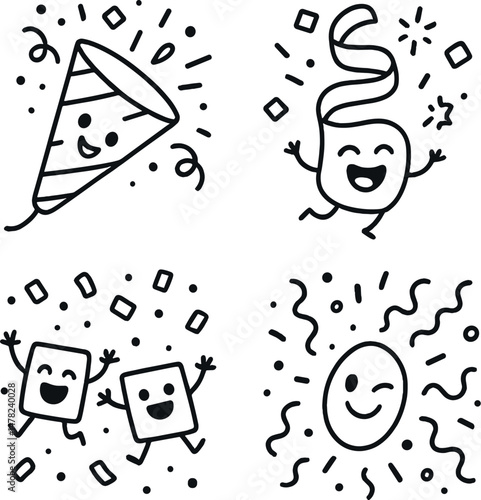 Celebration and party icons set – playful outline, joyful festivity symbols