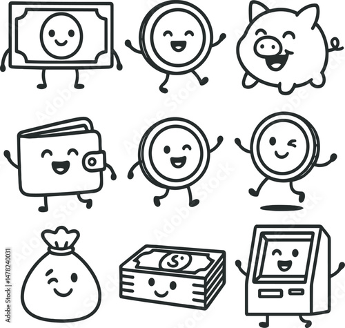 Cheerful cartoon money icons set – outline, finance and currency symbols