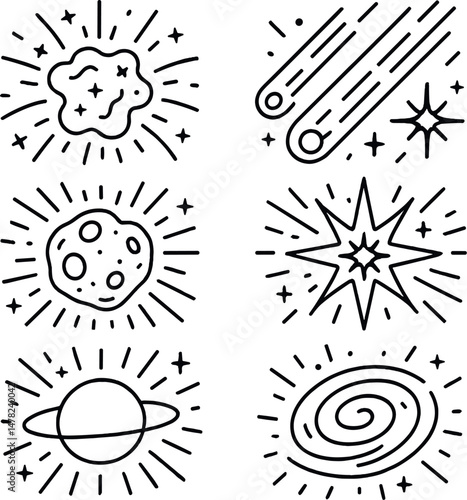 Space fireworks icons set – outline, cosmic and galaxy symbols for creative design