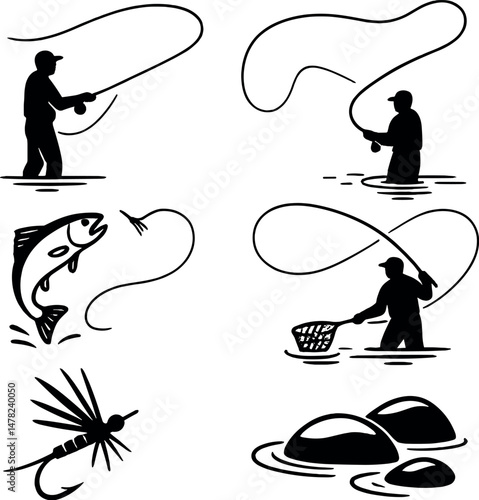 Fly fishing silhouettes icons set – simple, outdoor and angling symbol collection