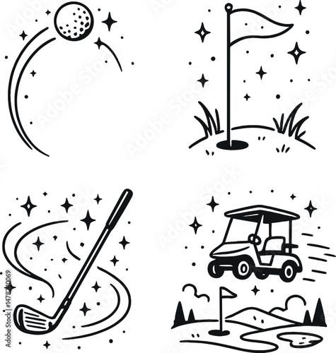 Magical golf icons set – outline, whimsical golfing symbols, charming course elements