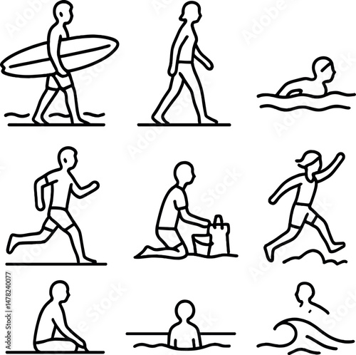 Outdoor recreation silhouettes icons set – simple beach and ocean activity symbols