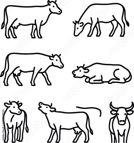 Farm animal silhouette icons set – classic cow and cattle outlines, simple farm symbols