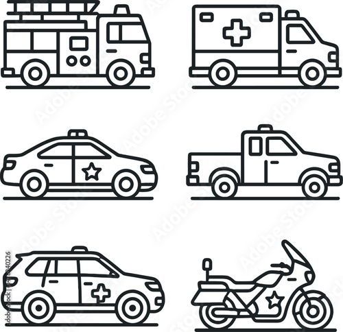 Emergency vehicles icons set – line, rescue and response symbols for quick recognition