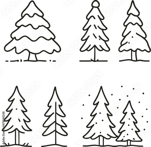Winter fir silhouettes icons set – outline, evergreen forest and tree symbols