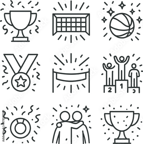 Celebration victory icons set – outline, winning and success symbols