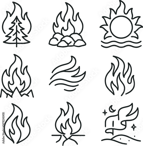Elemental flame icons set – outline, fire and nature design symbols