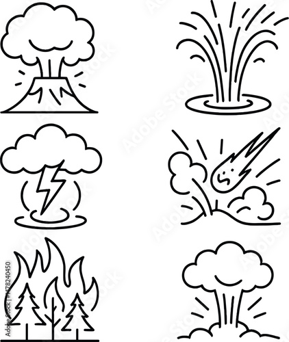 Natural disaster icons set – outline, catastrophe, nature's explosive force symbols