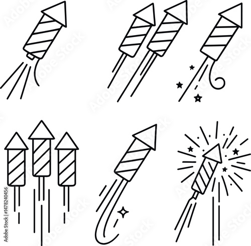 Fireworks rocket line icons set – minimal, celebratory and festival design elements