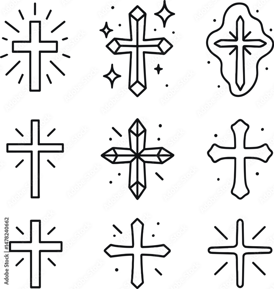 Religious cross icons set – outline, spiritual and holy symbol collection Religious cross icons set – outline, spiritual and holy symbol collection