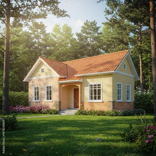 modern house on hill and flower garden