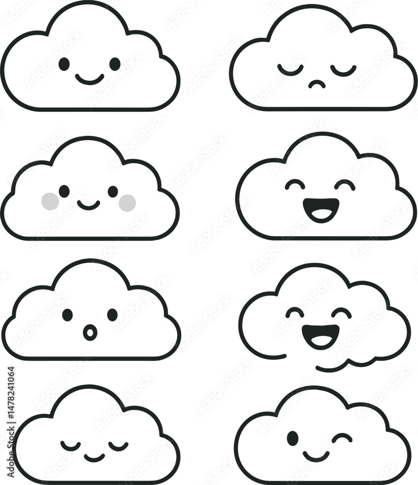 Weather cartoon cloud icons set – outline, expressive and fun emoji symbols Weather cartoon cloud icons set – outline, expressive and fun emoji symbols