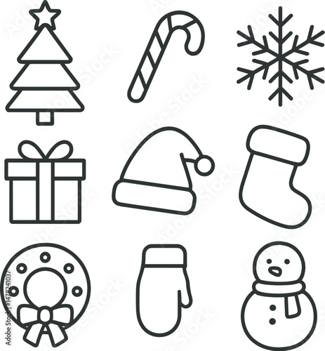 Minimalist christmas icons set – outline, holiday and festive symbol collection