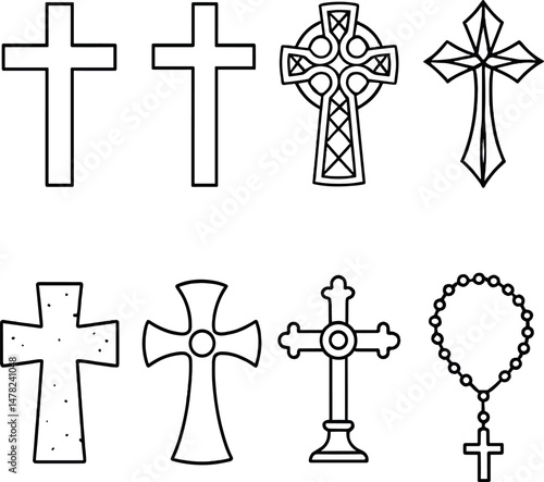 Diverse religious crosses icons set – outline, faith symbols and sacred imagery