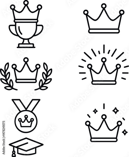 Celebration crowns icons set – outline, festival and awards symbols