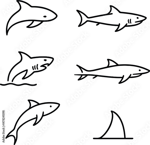 Shark silhouette icons set – minimalist, simple and clean marine animal design