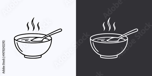 Steaming Soup Bowl with Spoon Icon – Vector Outline – Black and White Preview