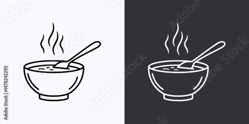 Steaming Soup Bowl with Spoon Icon – Vector Outline – Black and White Preview