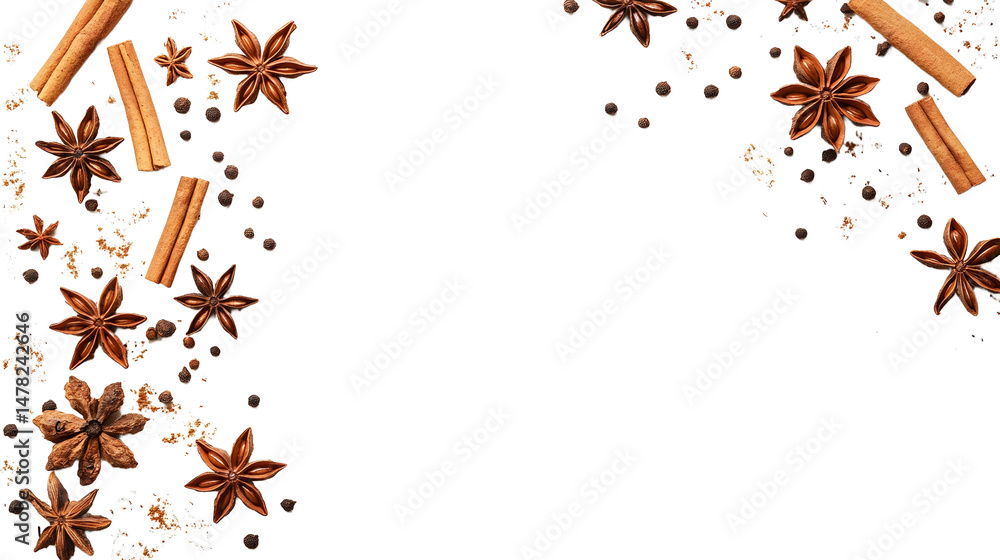 Close-up macro photography of aromatic sweet spices - cinnamon, star anise and cloves, wooden surface