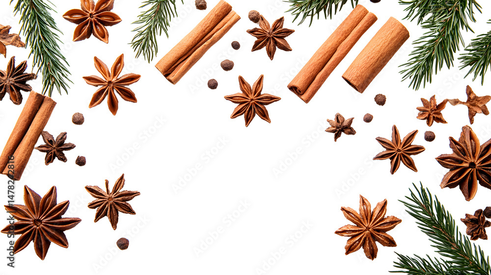 Close-up macro photography of aromatic sweet spices - cinnamon, star anise and cloves, wooden surface