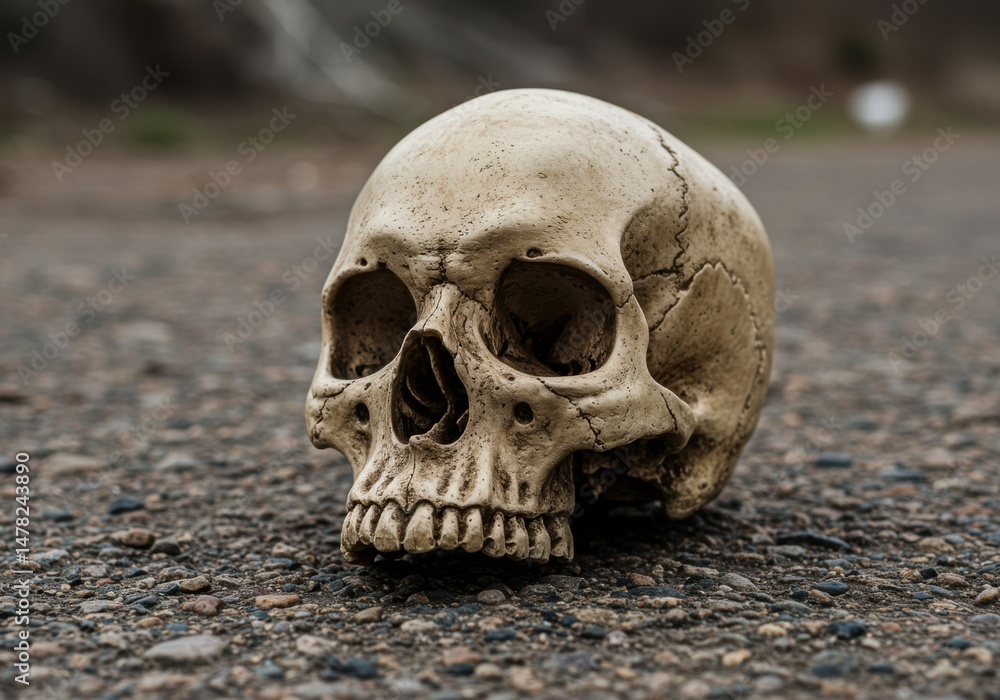 Human skull on ground representing mortality and danger, with detailed bone structure Human skull on ground representing mortality and danger, with detailed bone structure