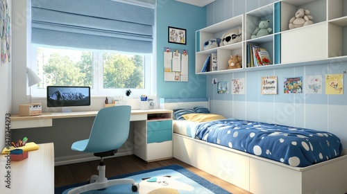 Wallpaper Mural Stylish Children'S Room In Blue Tones. Workspace With Computer, Bed, Shelves With Toys. Interior Design. Torontodigital.ca