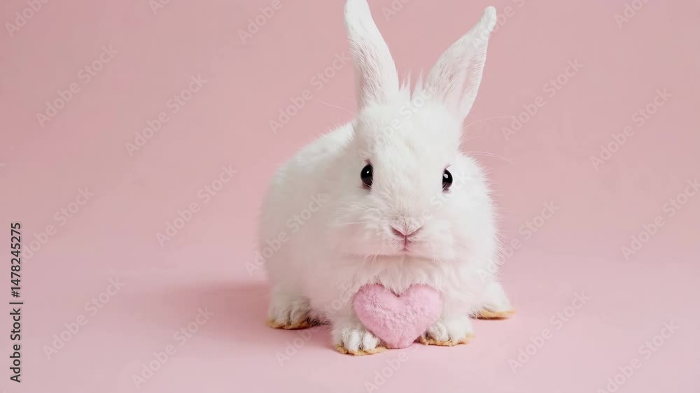 Adorable white rabbit with heart on pink background and side profile pose Adorable white rabbit with heart on pink background and side profile pose