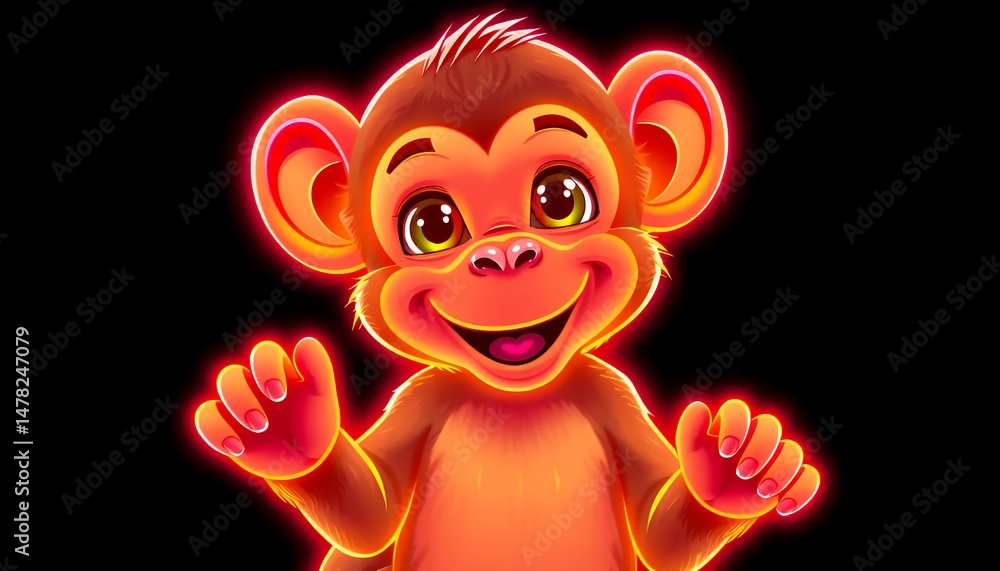 Fototapeta premium Cartoon Monkey Smiling with Red Outline Isolated on Black Background Cute Mammal Illustration for Decoration and Digital Projects
