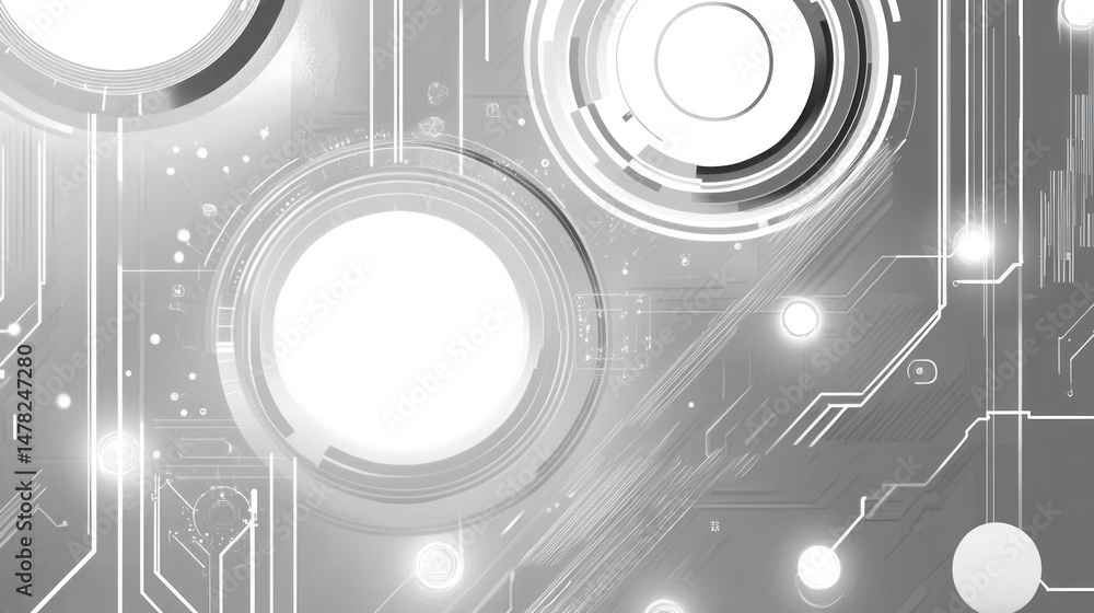 Obraz premium Abstract digital design featuring circular elements and circuit patterns in a futuristic style.